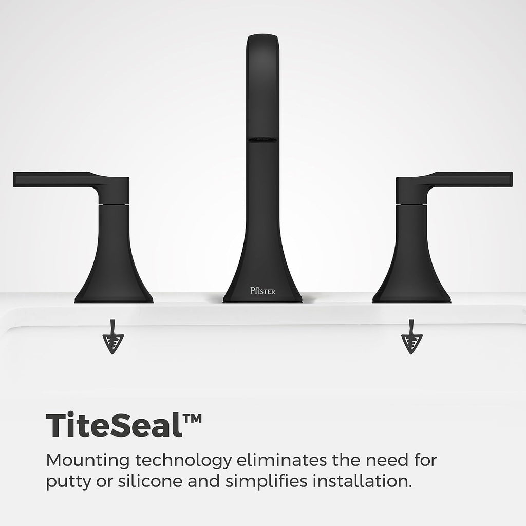 Pfister Vaneri Widespread Bathroom Sink Faucet 8 in 3 Hole 2 Handle Matte Black Finish NSF Certified Water Efficient Push & Seal Drain TiteSeal Technology LF049VRIBB