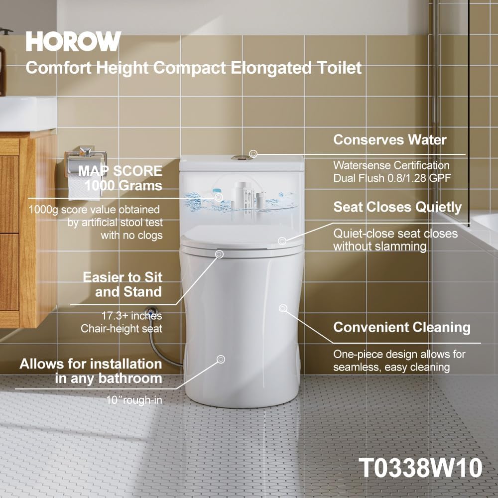 HOROW T0338W One Piece Toilet 10' Rough-in, Elongated Toilet with Comfortable Seat Height, ADA Chair Height 17.3', Dual Flush 0.8/1.28 GPF, Standard White Toilet Bowl, Space Saver Design