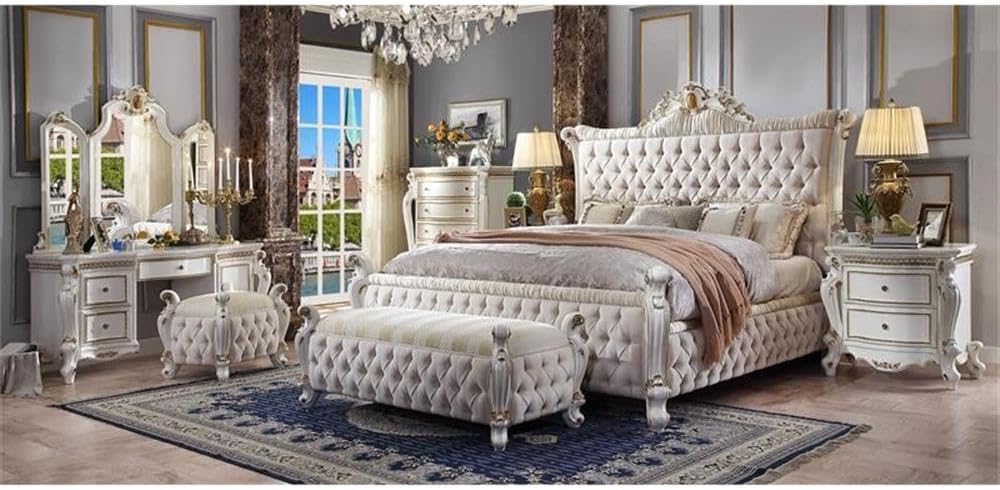 Acme Picardy Queen Bed in Fabric & Antique Pearl