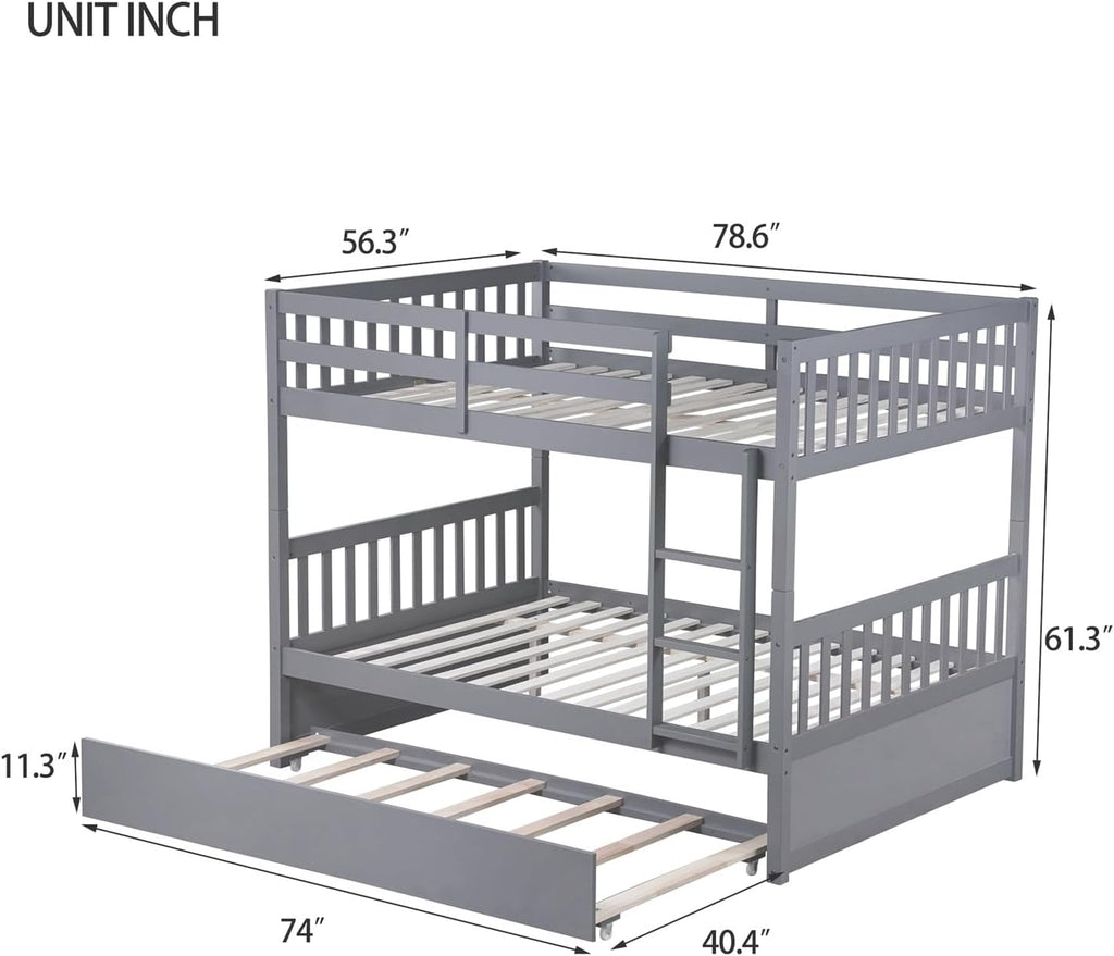 Harper & Bright Designs Full Over Full Bunk Bed with Twin Size Trundle, Separatable 2 Beds in 1, Wooden Bed Frame with Ladder, Grey