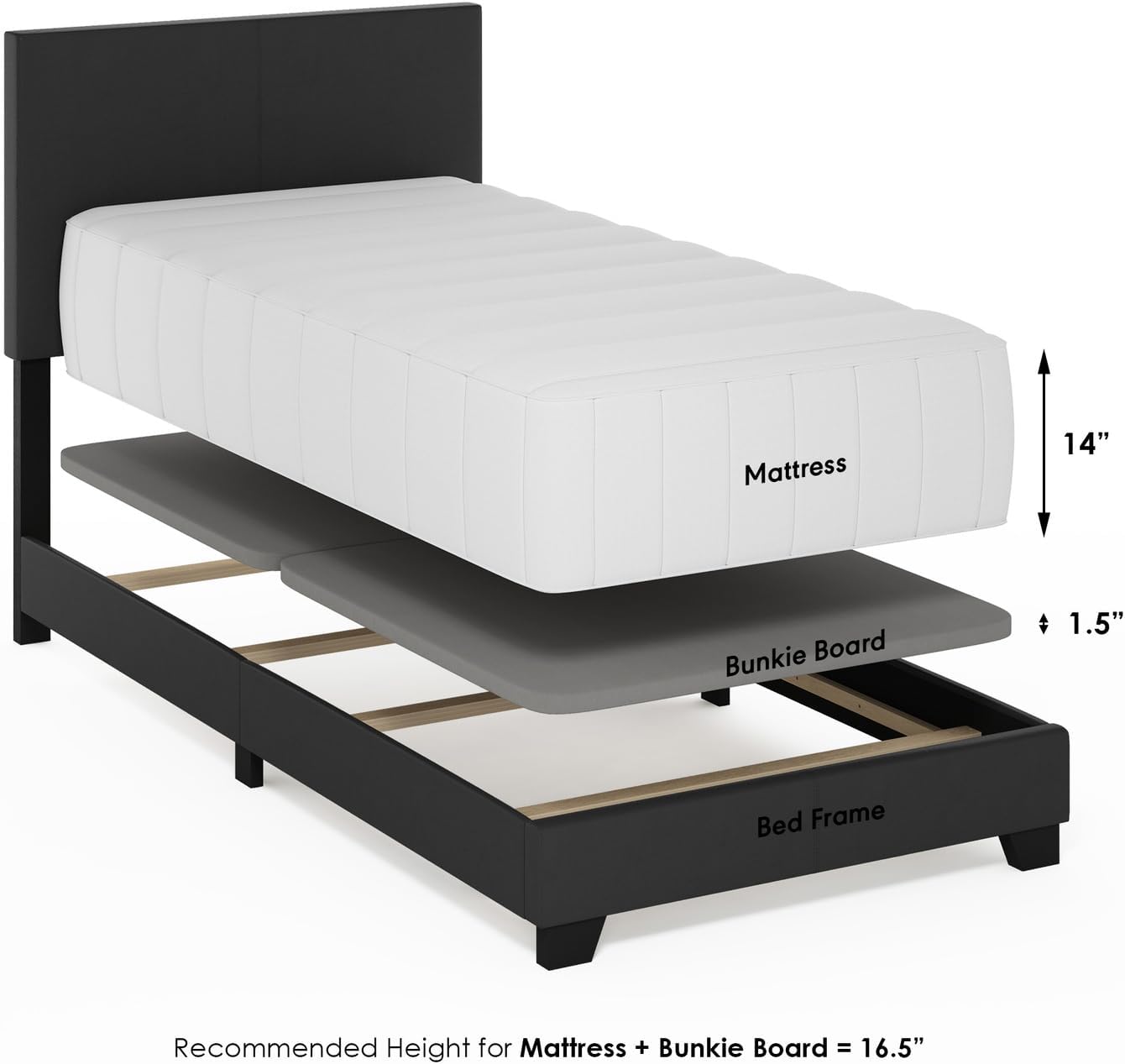 Furinno Pessac Upholstered Bed Frame, Black PU Leather, Twin XL