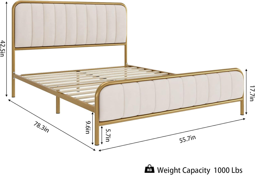 HITHOS Full Size Bed Frame with Button Tufted Headboard, Upholstered Heavy Duty Metal Mattress Foundation with Wooden Slats, Easy Assembly, No Box Spring Needed (Golden/Off White, Full)
