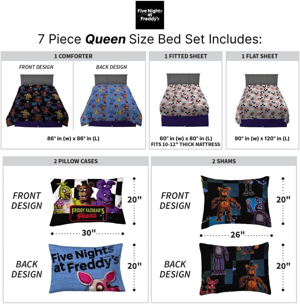 Five Nights At Freddy's Kids Bedding Super Soft & Cozy Comforter and Sheet Set with Sham, 7 Piece Queen Size, (Officially Licensed Product) By Franco