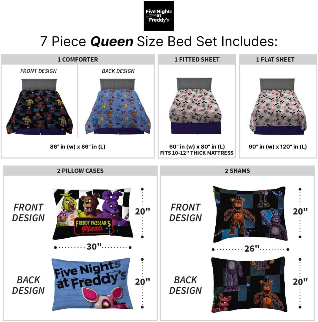 Five Nights At Freddy's Kids Bedding Super Soft & Cozy Comforter and Sheet Set with Sham, 7 Piece Queen Size, (Officially Licensed Product) By Franco