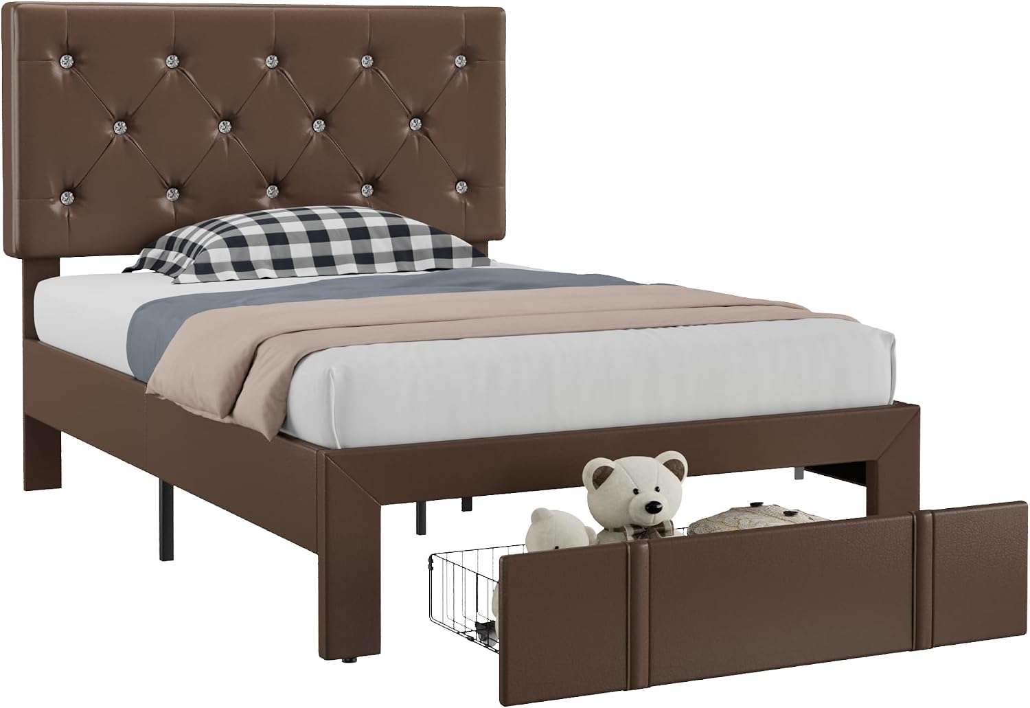 VECELO Twin Size Bed Frame with Storage Drawers, Leather Upholstered with Diamond Tufted Headboard, Solid Wood Slat Support, No Box Spring Needed, PU & Brown