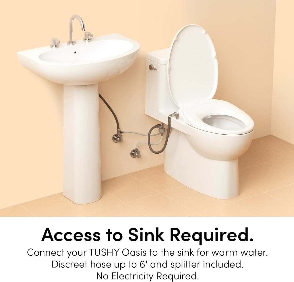 TUSHY Oasis Non-Electric Warm Water Bidet Seat (Round): Self-Cleaning Dual Nozzles, Adjustable Temp & Pressure (10-Min DIY Install, Soft-Close Lid, Sleek Design), Spa-Like Comfort, Bamboo Knob