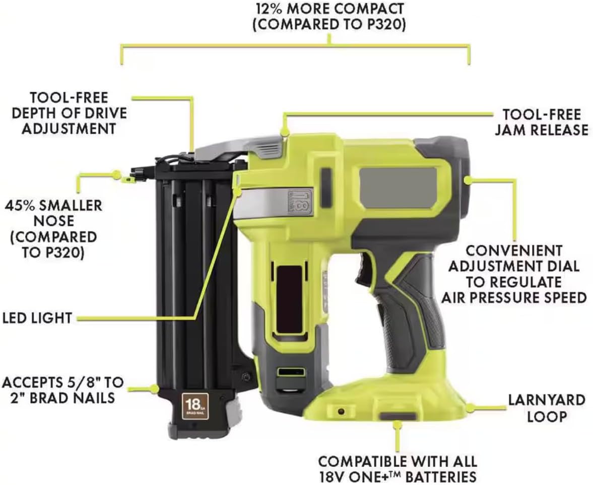 P321-PCL406B Fits for RYOBI 18V 18-Gauge Cordless AirStrike Brad Nailer with Cordless 5 in. Random Orbit Sander