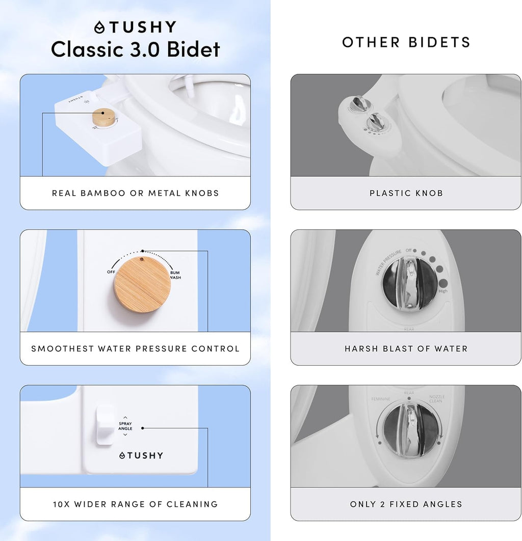 TUSHY Classic 3.0 Bidet Toilet Seat Attachment - a Non-Electric Self Cleaning Water Sprayer with Adjustable Water Pressure Nozzle, Angle Control & Easy Home Installation (Biscuit/Bamboo)