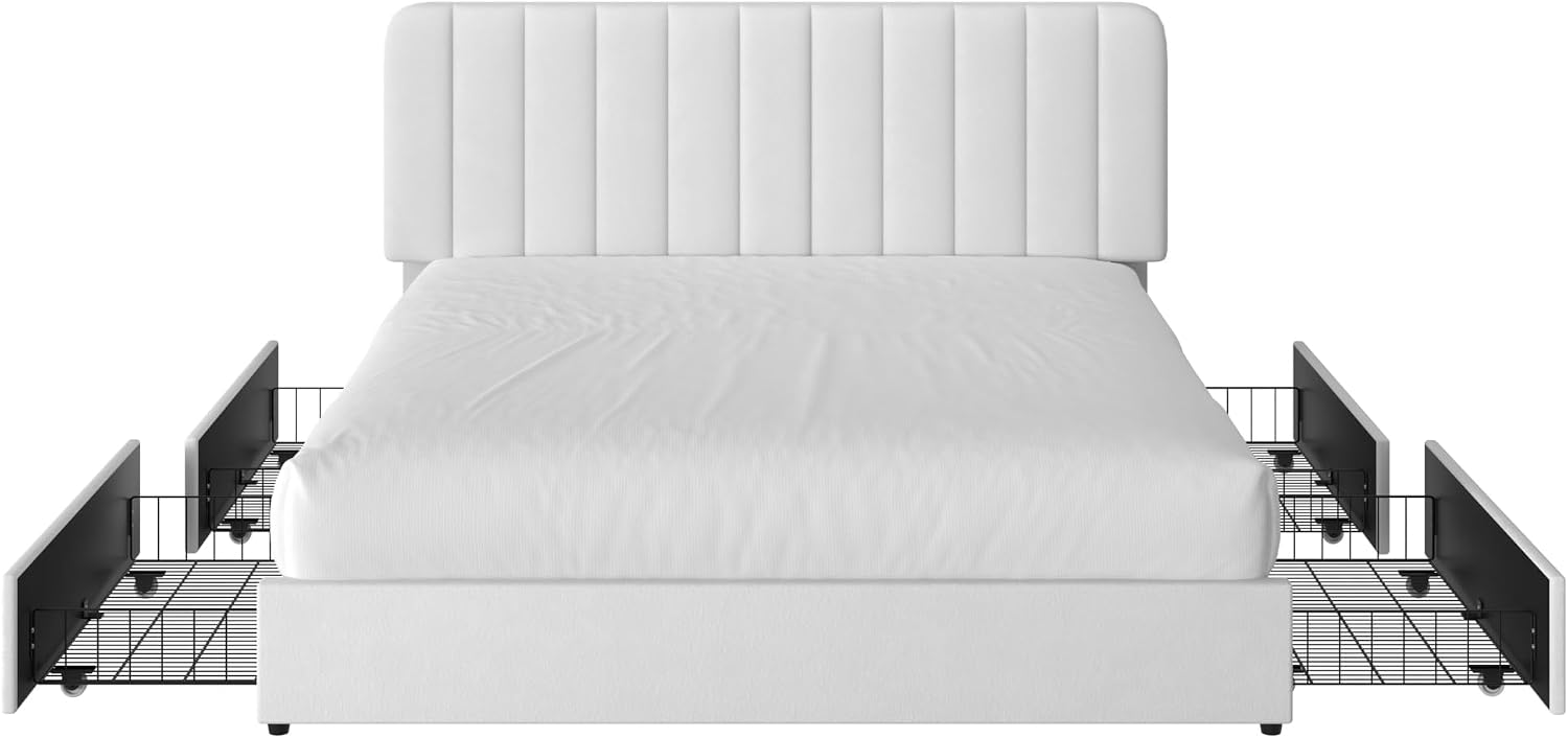 VECELO Queen Size Upholstered Bed Frame with 4 Drawers and Headboard, Velvet Platform Storage Bedframe, Wooden Slats Support, No Box Spring Needed,White