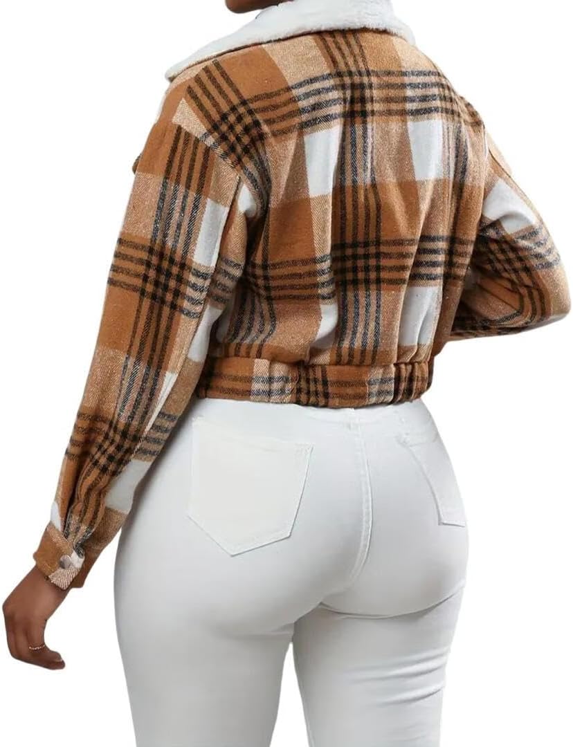 FMCHICO Womens Cropped Plaid Shacket Button Down Short Flannel Shirt Jacket
