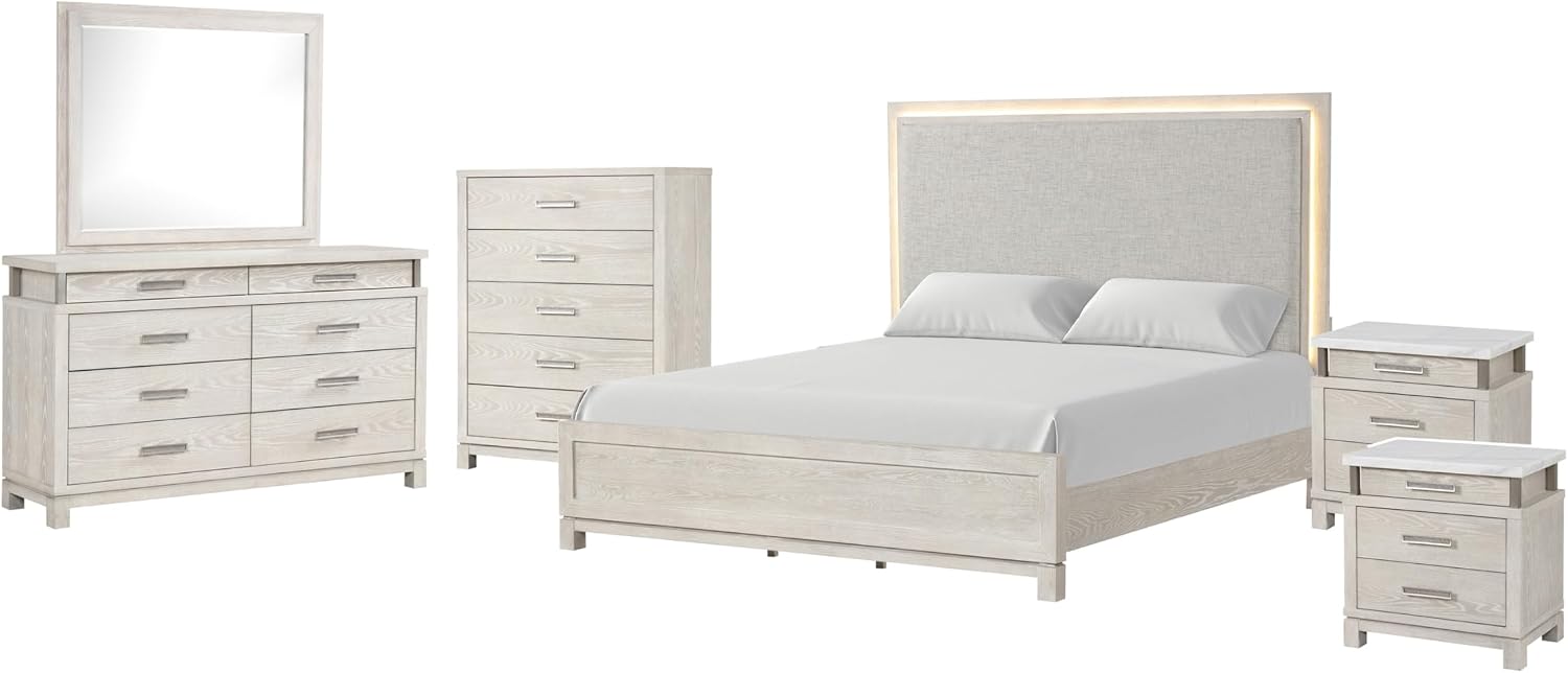 Furniture of America Bailer Modern Solid Wood 6-Piece Bedroom Set with LED on Headboard, Stainless Steal Posts and Marble Top on Nightstand, Box Spring Needed, Queen, Weathered Gray