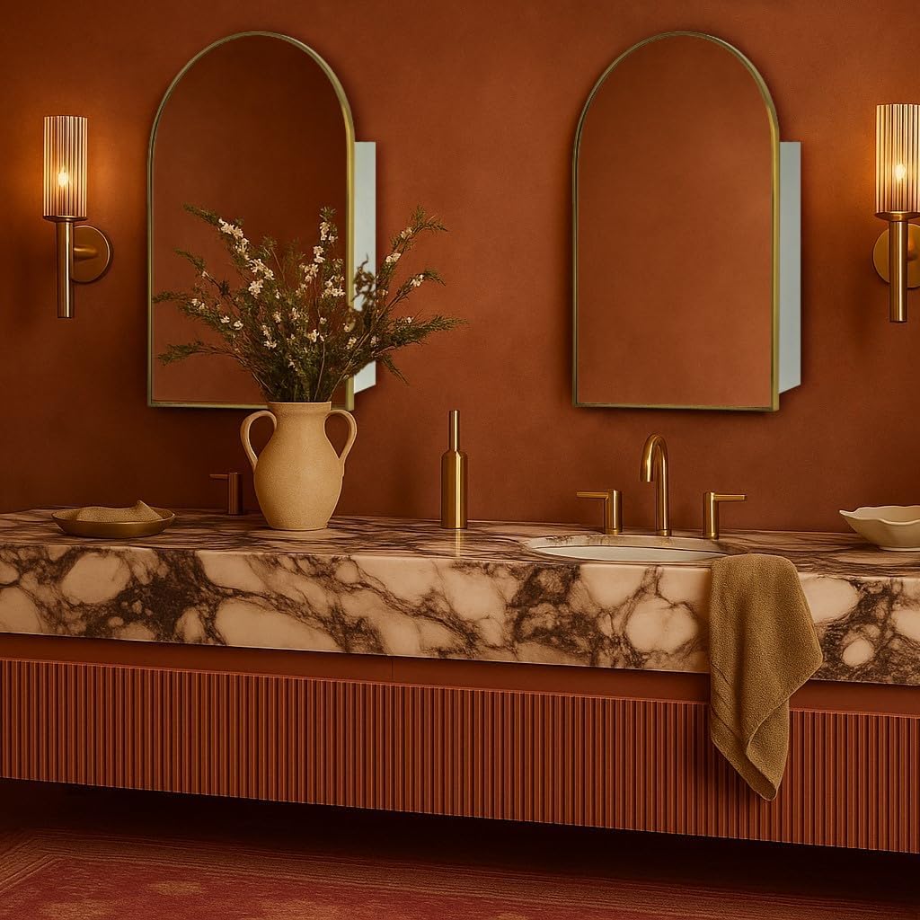TEHOME 20 x 30'' Brush Gold Arched Bathroom Medicine Cabinet with Mirror Recessed and Surface Mount Medicine Cabinet Mirror