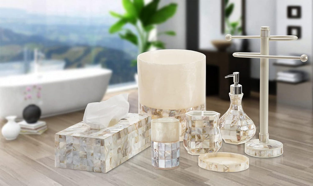 Milano 6 Piece Bathroom Accessory Set with Natural Mother of Pearl Shells - Includes: Bathroom Trash Can, Tissue Cover, Soap Dispenser, Toothbrush Holder, Tumbler and Soap Dish