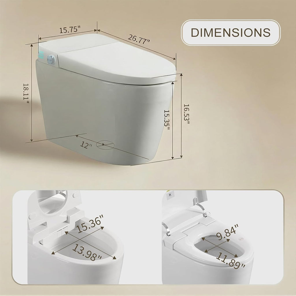 Smart Toilet with Bidet Built In, Heated Toilet Seat with Auto Open/Close Lid and Massage Washing, One Piece Bidet with Warm Water, Dryer, Night Light, LED Display, Tankless Toilets 1.28GPF