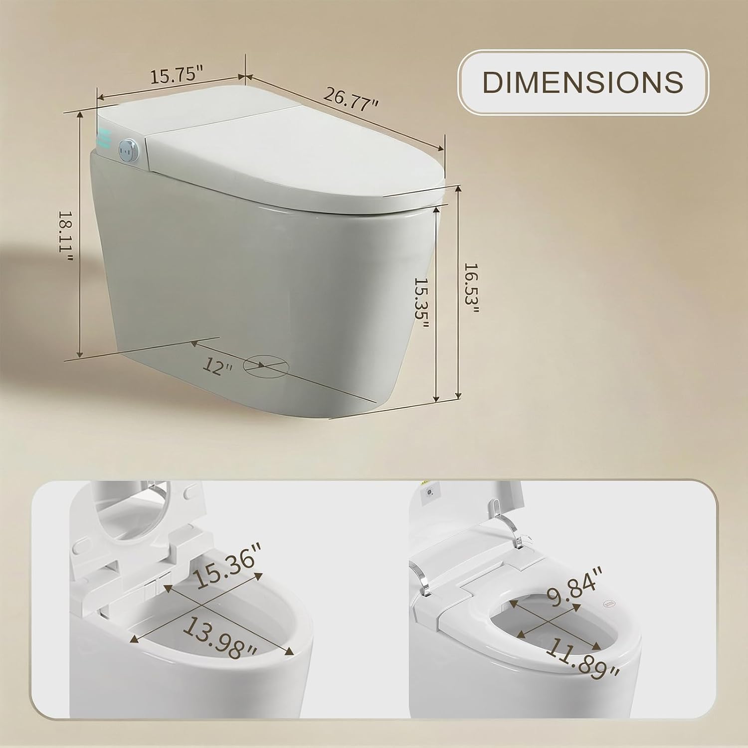 Smart Toilet with Bidet Built In, Heated Toilet Seat with Auto Open/Close Lid and Massage Washing, One Piece Bidet with Warm Water, Dryer, Night Light, LED Display, Tankless Toilets 1.28GPF