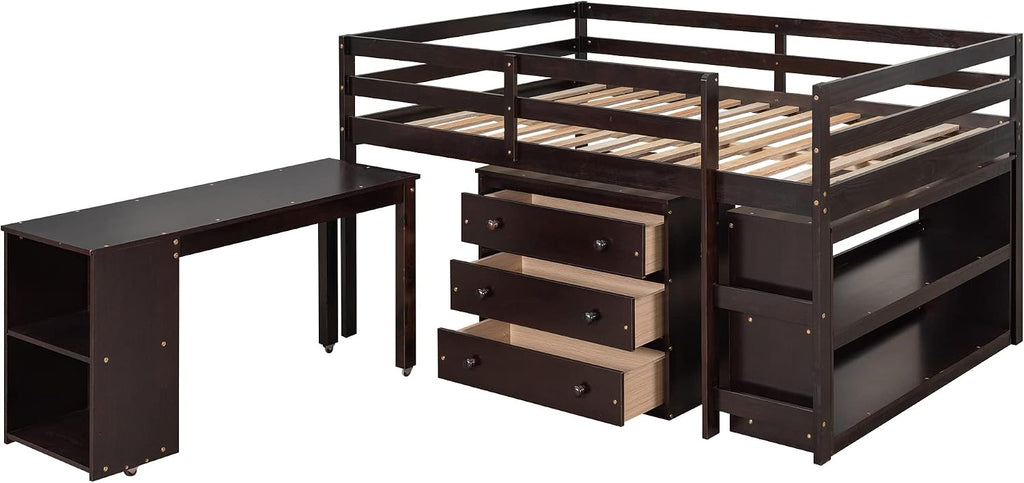 Low Loft Bed Loft Bed with Drawers and Storage Cabinet, Solid Wood Loft Bed with Desk and Shelves for Kids Teens Adults, No Box Spring Needed, Space Saving, Full Size, Espresso