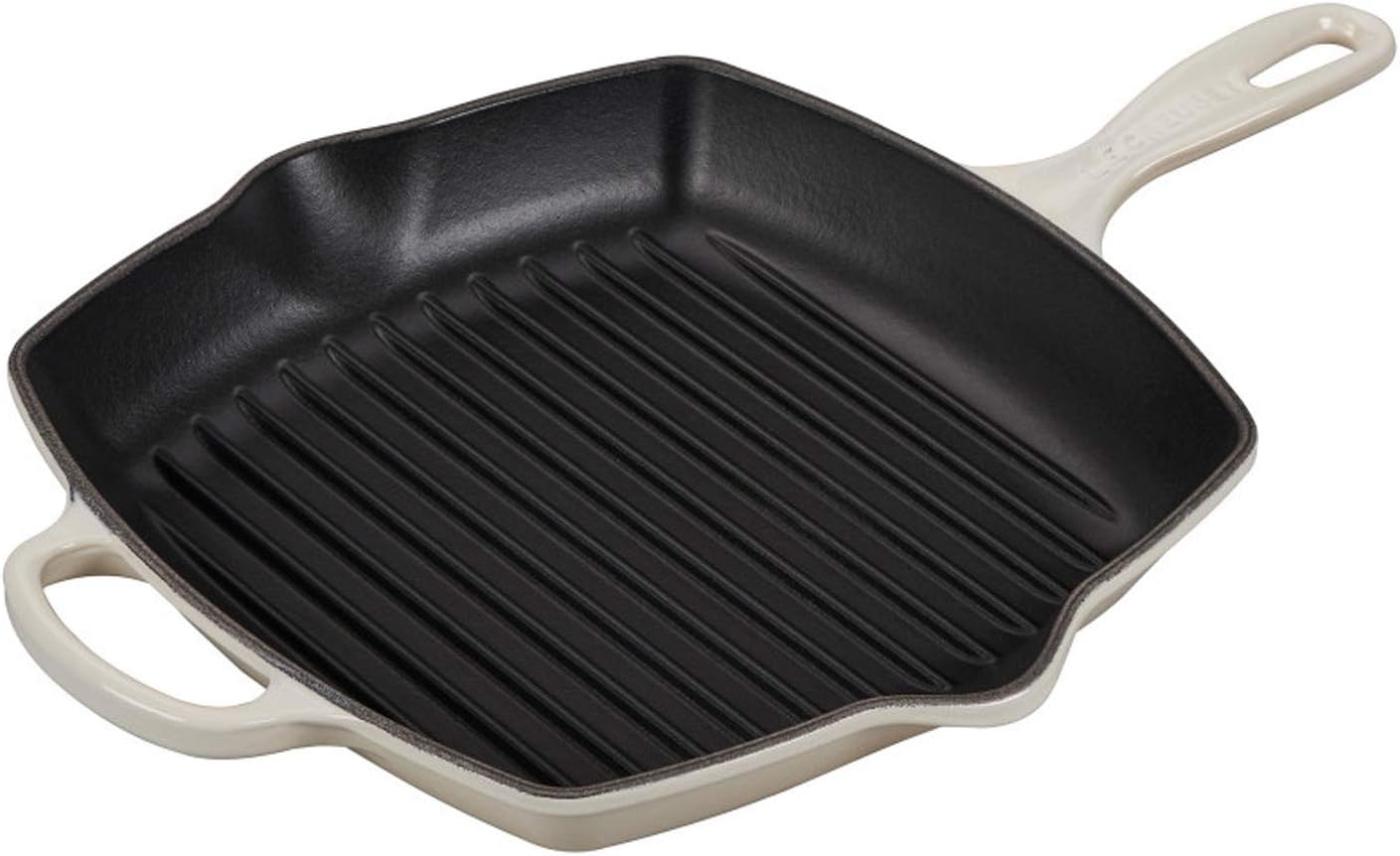 Le Creuset Enameled Cast Iron Signature Square Skillet Grill, 10.25', Meringue