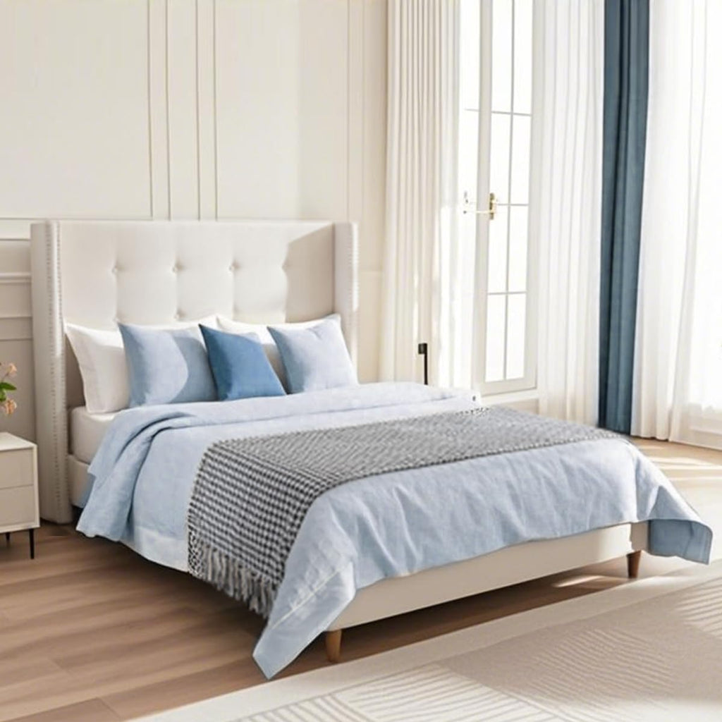 King Size Bed Frame,54'High Headboard Button Tufted Nailhead Trimmed Backrest Headboard,Velvet Metal Upholstered Platform Bed Frame,Wooden Slats Provide Strong Support,No Springs Required