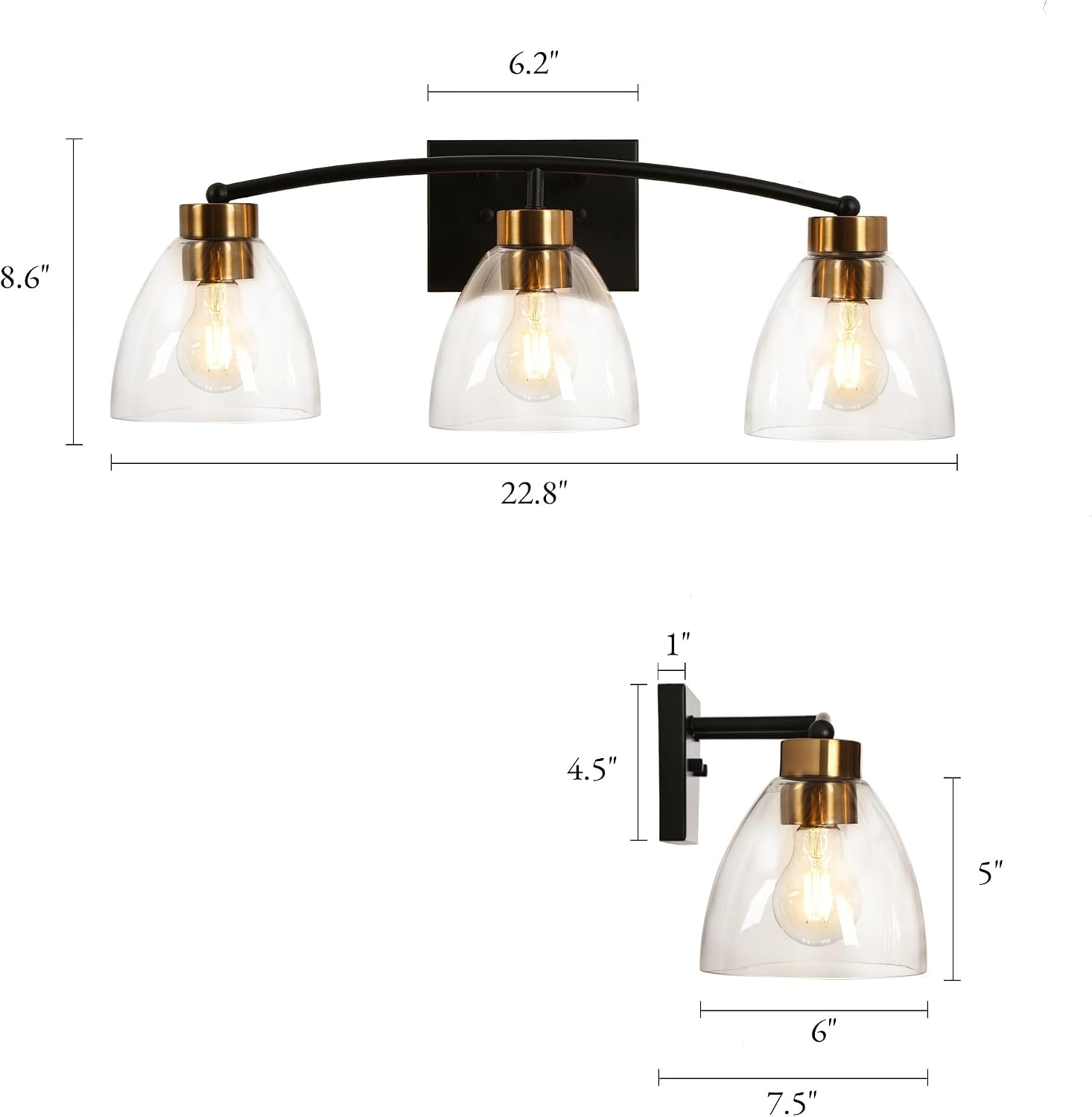 KSANA Bathroom Light Fixtures, 3-Light Black and Plating Brass Vanity Lights for Bathroom, 22.8'' Modern Farmhouse Bathroom Lighting Lights Over Mirror with Clear Glass Shade