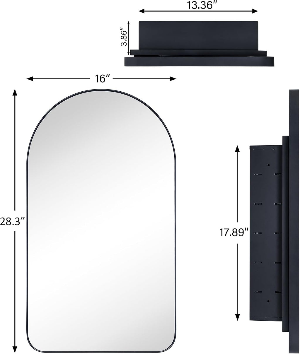 Matt Black Arched Recessed Bathroom Medicine Cabinet with Mirror Stainless Steel Metal Framed Rectangular Bathroom Cabinet with Mirror 16x28.3''