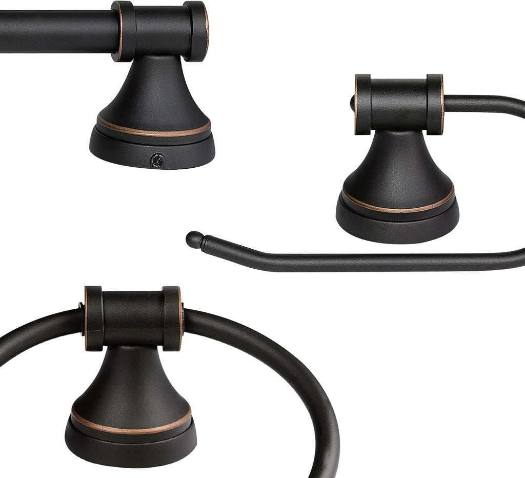 Globe Electric 50192 Parker 5-Piece All-In-One Bathroom Set, Oil Rubbed Bronze, 3-Light Vanity Light with Clear Glass Shades, Towel Bar, Towel Ring, Robe Hook, Toilet Paper Holder, Oil-rubbed Bronze