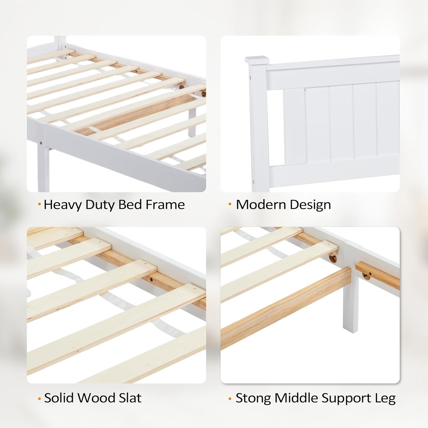 VINGLI Twin Bed Frame Set of 2 Solid Wood Platform Bed Frame, Single Bed with Headboard, No Box Spring Needed Panel Bed, Wood Slat Support Mattress Foundation, White