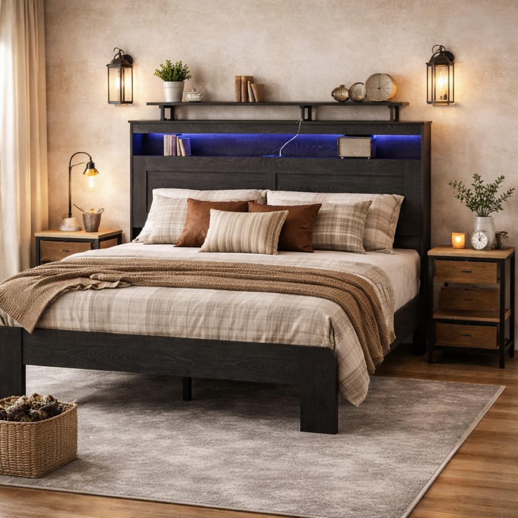 Wooden King Size Bed Frame with Headboard - Rustic Farmhouse Platform Bedframe with Metal Slat Support, Sturdy and No Noise, Easy Assembly (Rustic Black, King)