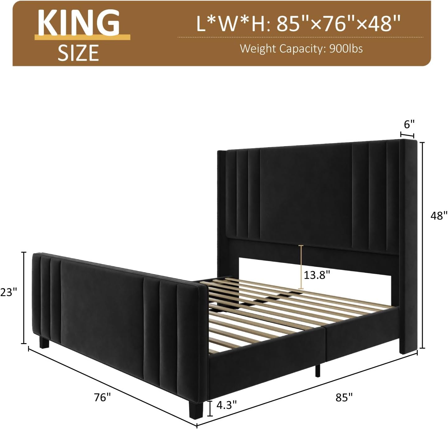 Albott King Size Platform Bed Frame, Upholstered Bed with Vertical Channel Tufted Wingback Headboard & Footboard, Premium Velvet, No Box Spring Needed, Black
