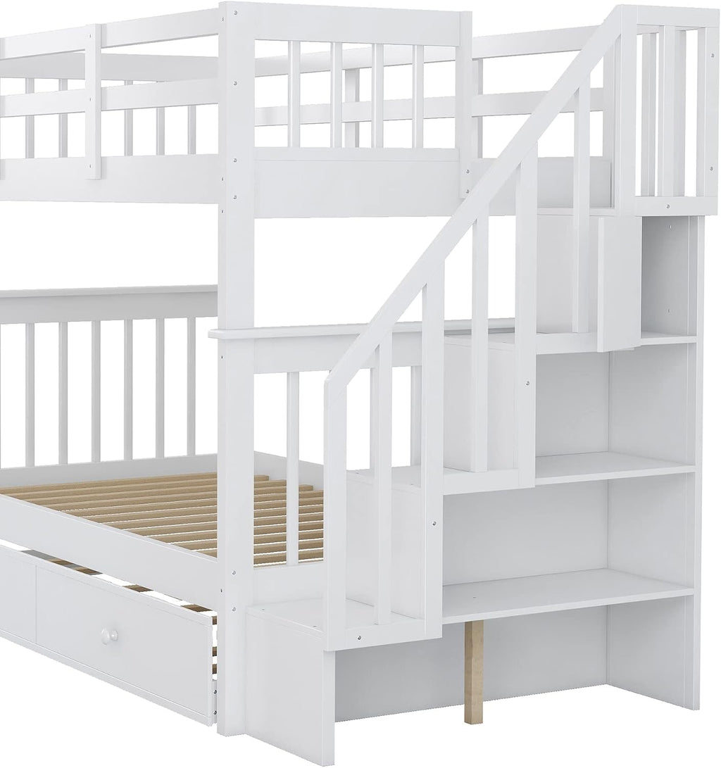 Harper & Bright Designs Twin-Over-Twin Bunk Bed with Trundle and Storage Staircase, Solid Wood 3 in 1 Stairway Bunk Bed with Trundle, White