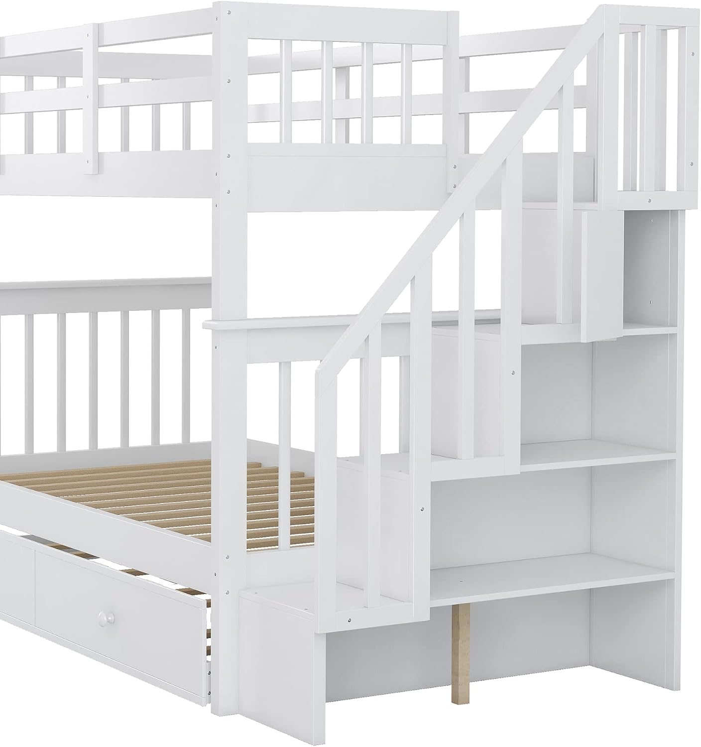 Harper & Bright Designs Twin-Over-Twin Bunk Bed with Trundle and Storage Staircase, Solid Wood 3 in 1 Stairway Bunk Bed with Trundle, White