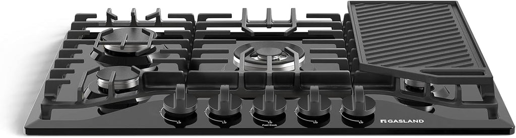 GASLAND Gas Cooktop 30 Inch with Griddle, Gas Stovetop with 5 Burners, Comes with Reversible Cast Iron Grill/Griddle, 120V Plug-in, NG/LPG Convertible, CSA Certified Black
