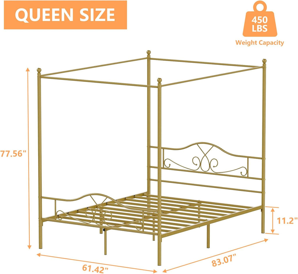 Weehom Canopy Bed Frame Queen Size with Headboard and Footboard, Four-Poster Canopy Bed Metal Platform Mattress Foundation Underbed Storage No Box Spring Needed Easy Assembly, Gold