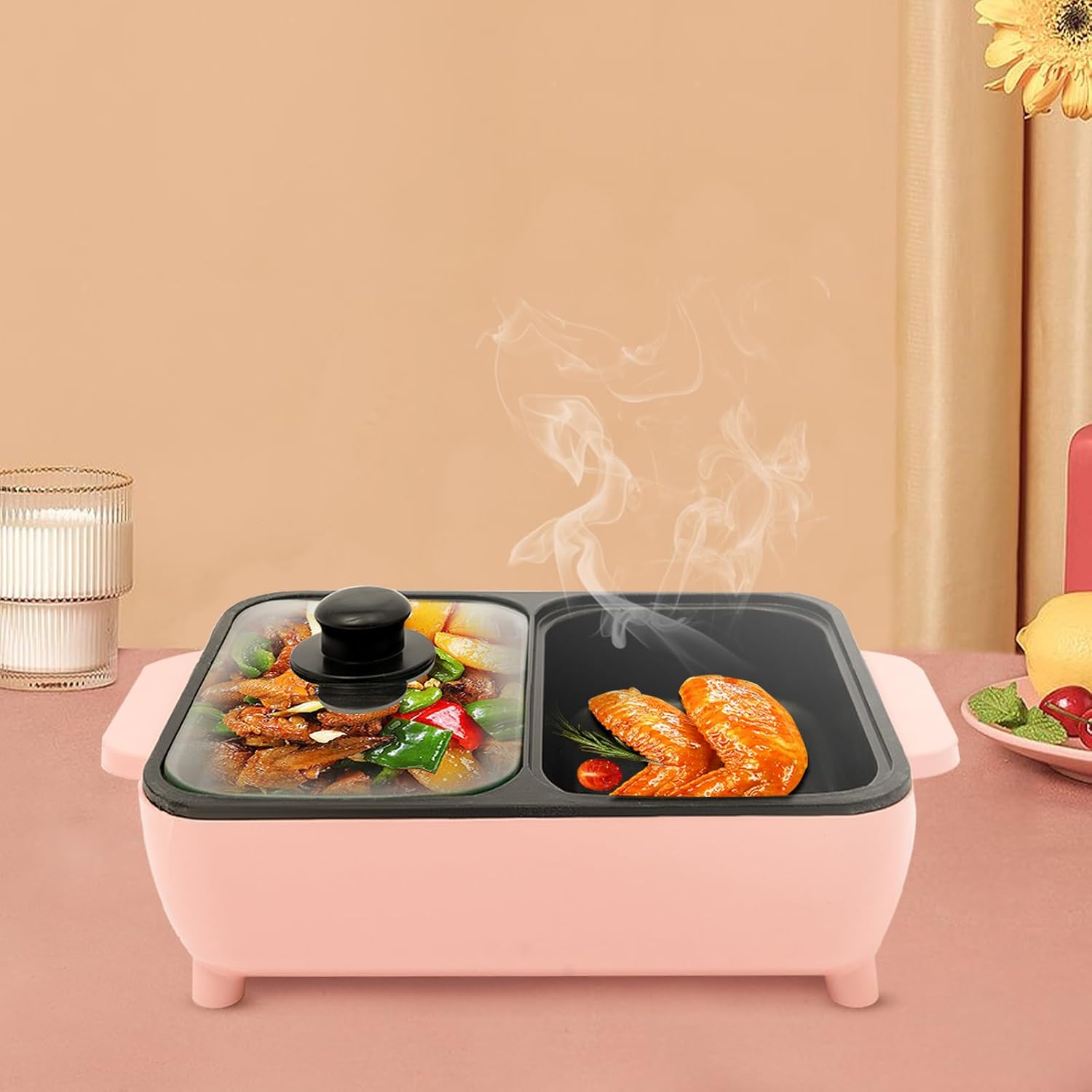 Electric Grill Hot Pot 2 In 1, Multifunctional Smokeless Grill Indoor Teppanyaki Grill/Shabu Pot Separate Dual Temperature Contral, Non-Stick Pan BBQ Capacity for 1-42 People