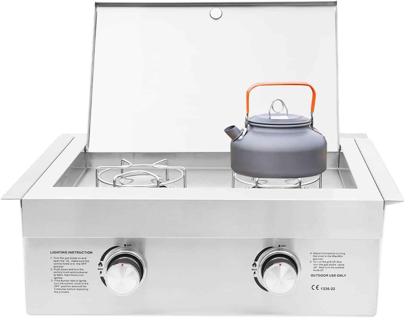 2-Burner Stove for Outdoor Kitchen, Built-in Stainless Steel Side Burner with Removable Grates & Cover, Gas Stove for BBQ Island, Patio, Backyard (Liquid Propane, Double Burner)