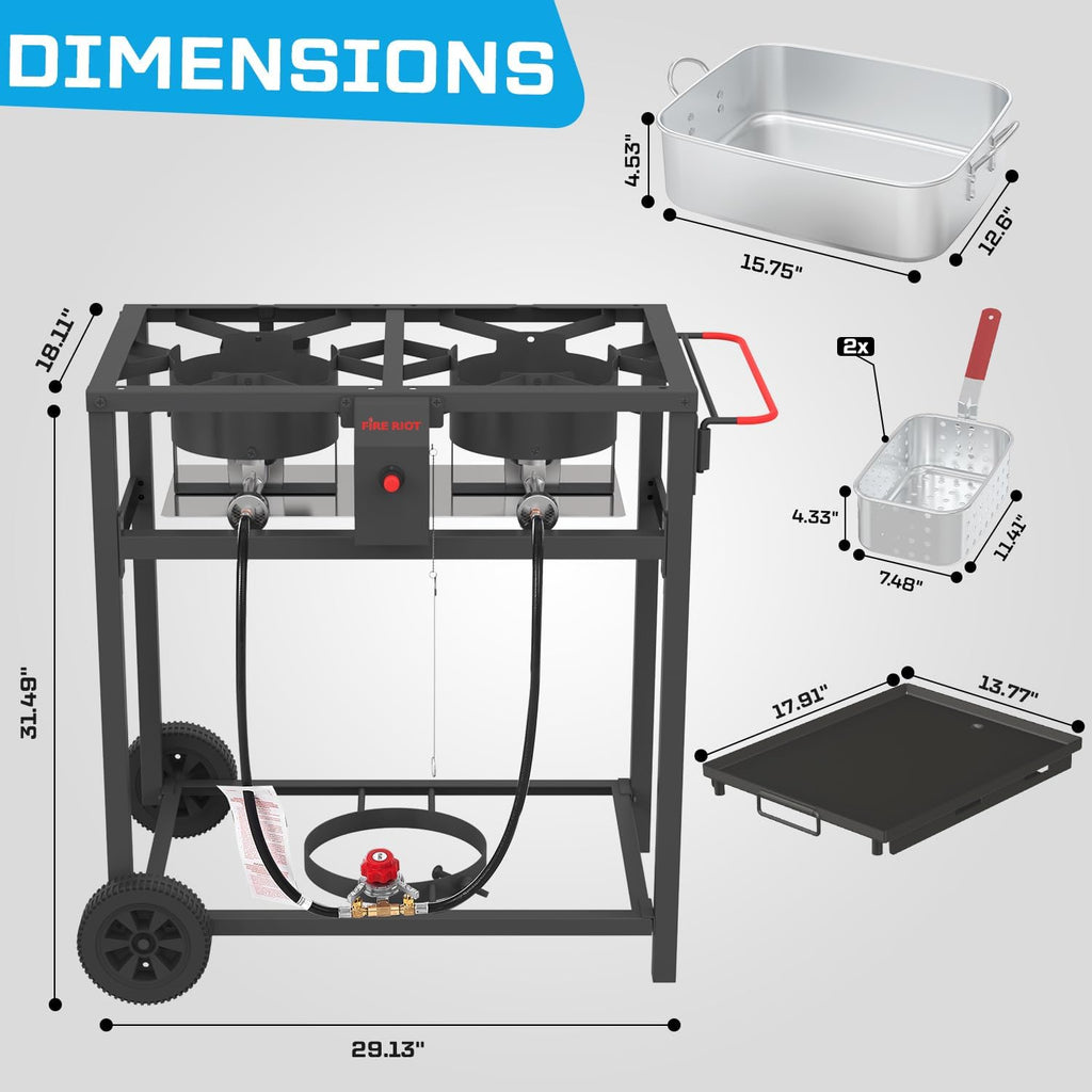 FIRE RIOT Outdoor Propane Deep Fryer and Griddle Combo, Portable 2-in-1 Cooking Station with Double Burner Propane Stove and Wheels, Ideal for Outdoor BBQ, Camping, and Tailgating