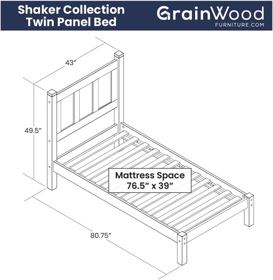 Grain Wood Furniture Shaker Solid Wood Panel Platform Bed, Twin Size, Walnut