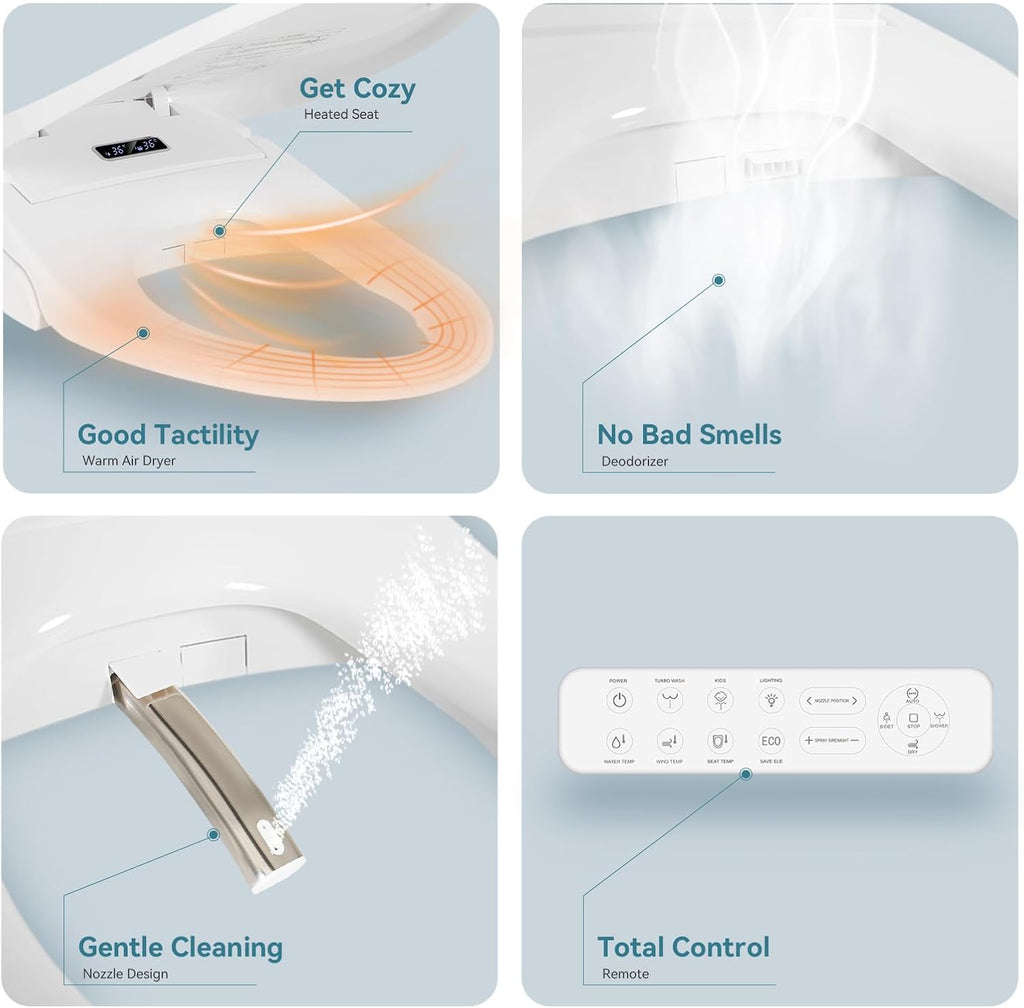 Smart Heated Toilet Seat for Short V-Shaped Toilets – Bidet Warm Water Wash, Self-Cleaning Nozzle, Warm Air Dryer, Deodorizer, Soft-Close Lid, LED Night Light & Remote Control, Easy Install