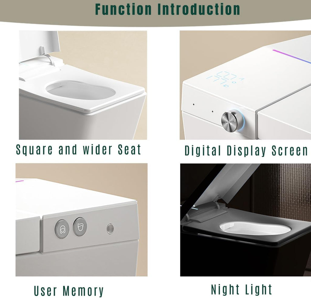 WinZo Square Smart Toilet with Tank Built-in,Square With Auto Flush, Rectagnle Heated Bidet & Drying, Night Light Convenient For Seniors, Luxury Bathroom Or Low Water Pressure Space (Glossy White)