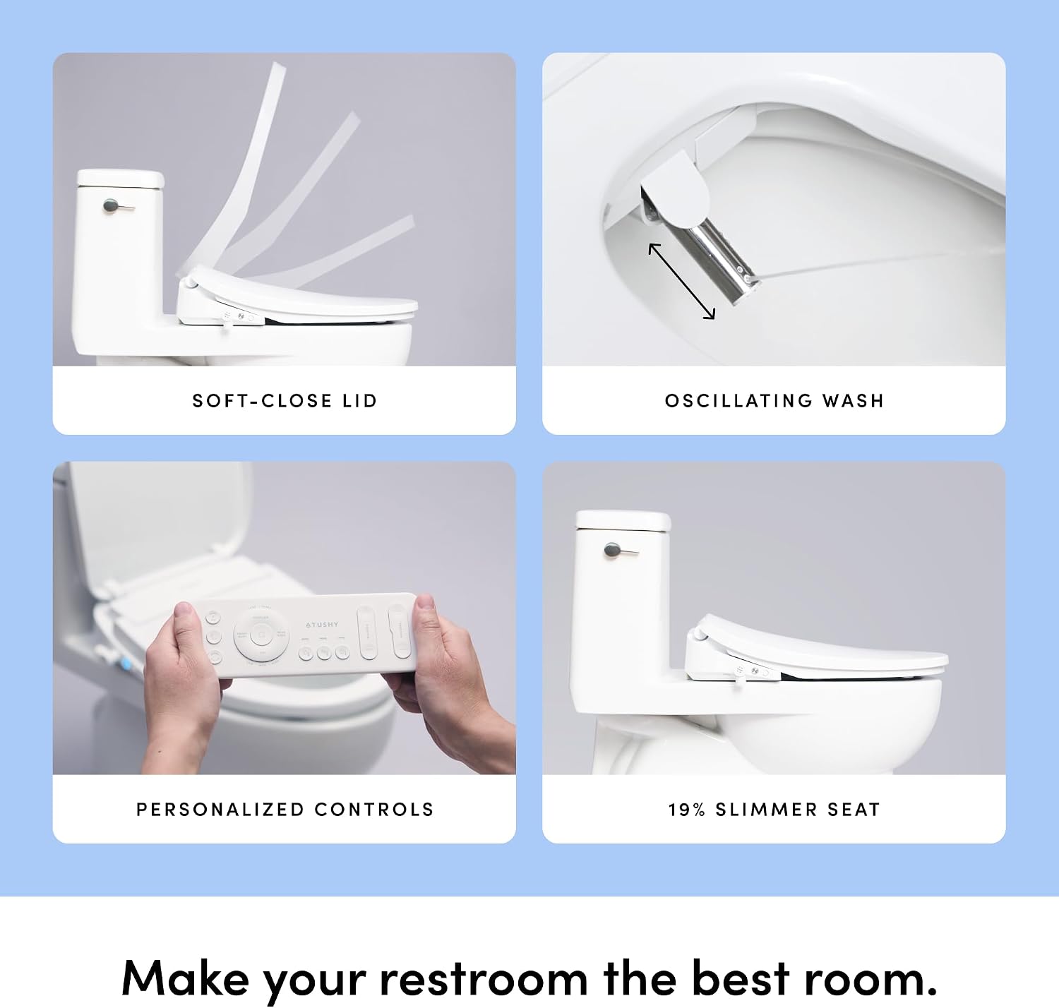 TUSHY Cloud+ Electric Bidet Toilet Seat w/Remote (Personal Settings Include: Instant Warm Water, Heated Seat & Air Dryer), Automatic Deodorizer, Night Light, Soft Close Seat & Lid (Elongated)