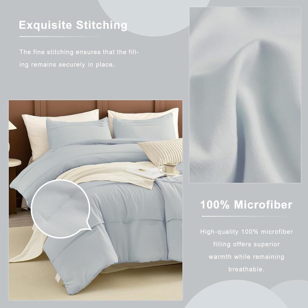 Masaca Oversized King Comforter 128x120,3 Pieces Pinch Pleated Light Blue Comforter Set Lightweight Modern Style Farmhouse Extra Large King Size Bedding for All Season