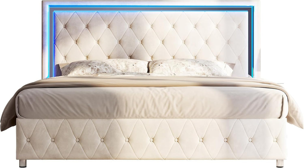 Jocisland Full Bed Frame with LED Lights Headboard&Footboard, Velvet Upholstered Full Size Platform Bed Frame No Box Spring Needed/Cream