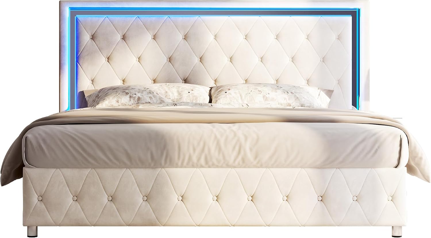 Jocisland Full Bed Frame with LED Lights Headboard&Footboard, Velvet Upholstered Full Size Platform Bed Frame No Box Spring Needed/Cream