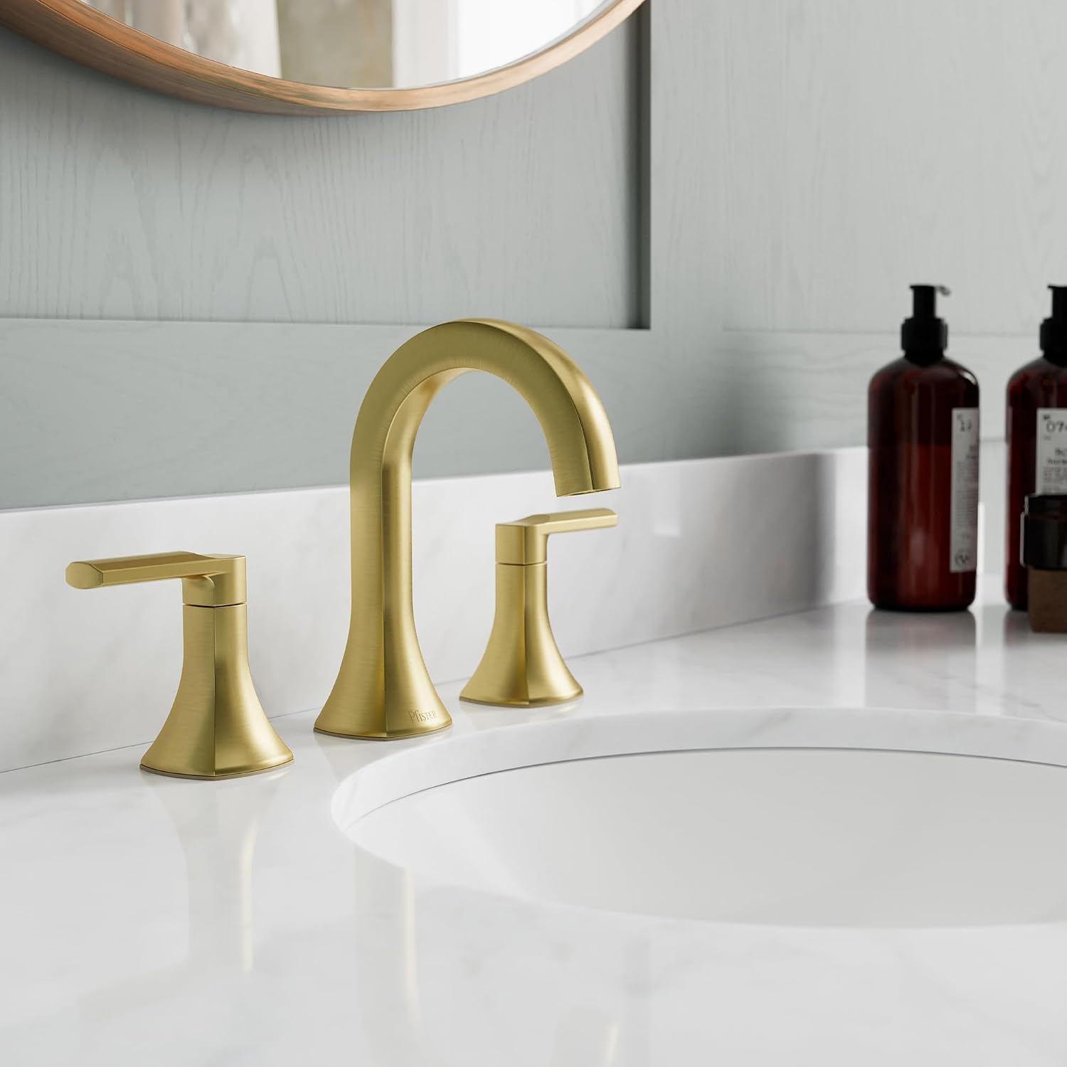 Pfister Vaneri 8 in Widespread Bathroom Sink Faucet 3 Hole 2 Handle Brushed Gold Vanity Faucet with Push & Seal Drain NSF Certified Water Efficient TiteSeal LF049VRIBG