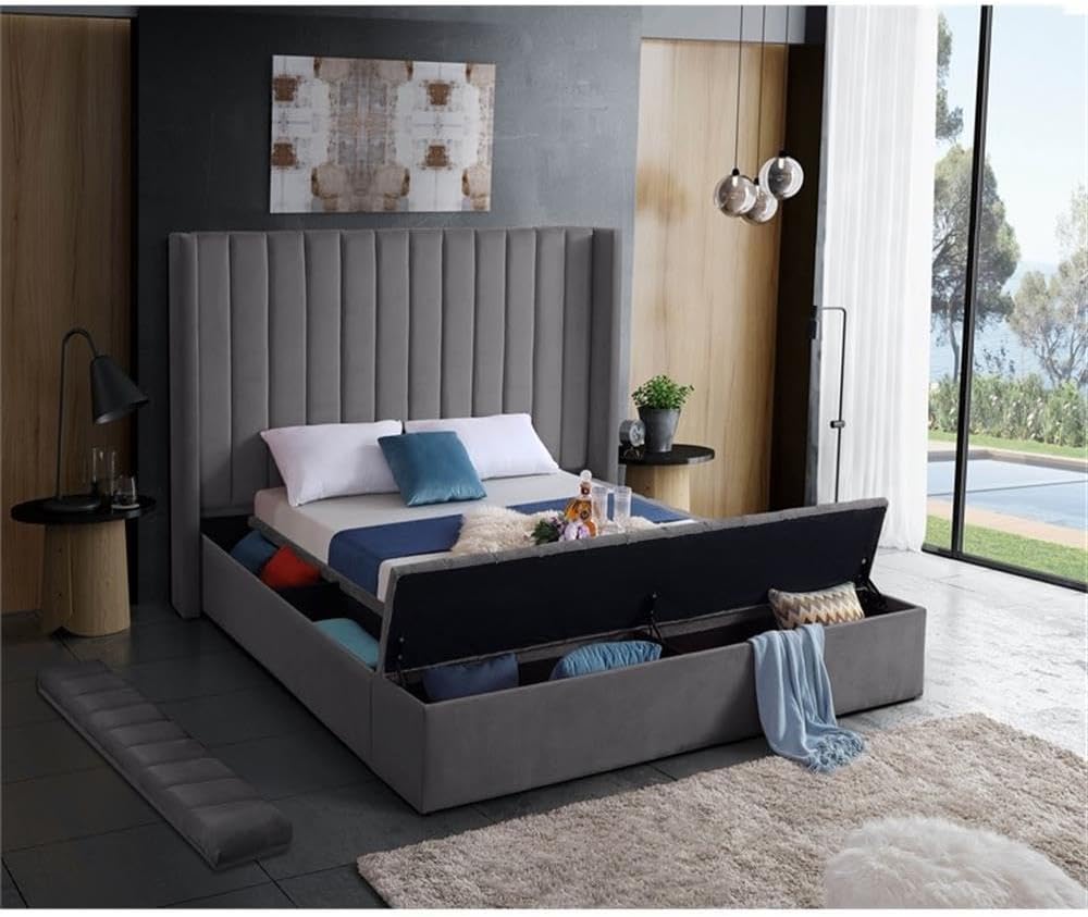 Meridian Furniture Kiki Collection Modern | Contemporary Velvet Upholsterd Bed with Channel Tufting, Siderails and Footboard Storage Compartments, Full, Grey