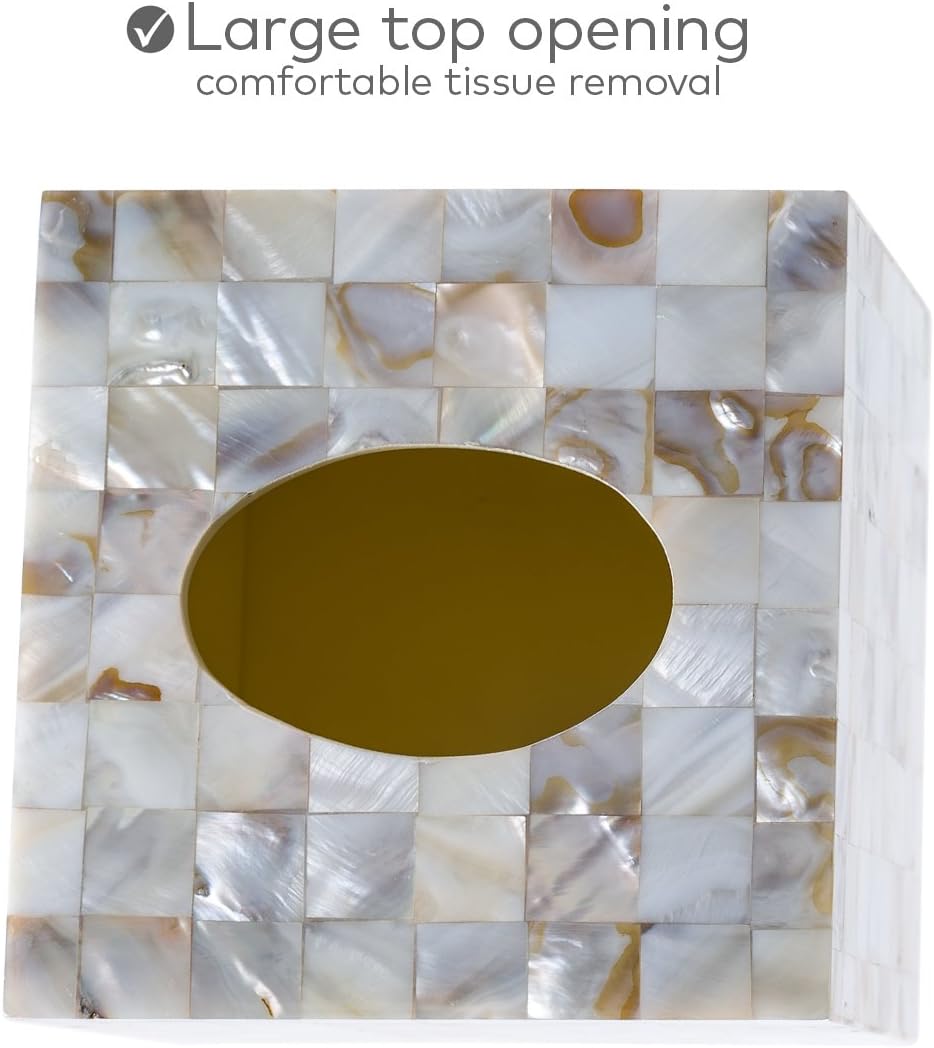 Milano 6 Piece Bathroom Accessory Set with Natural Mother of Pearl Shells - Includes: Bathroom Trash Can, Tissue Cover, Soap Dispenser, Toothbrush Holder, Tumbler and Soap Dish