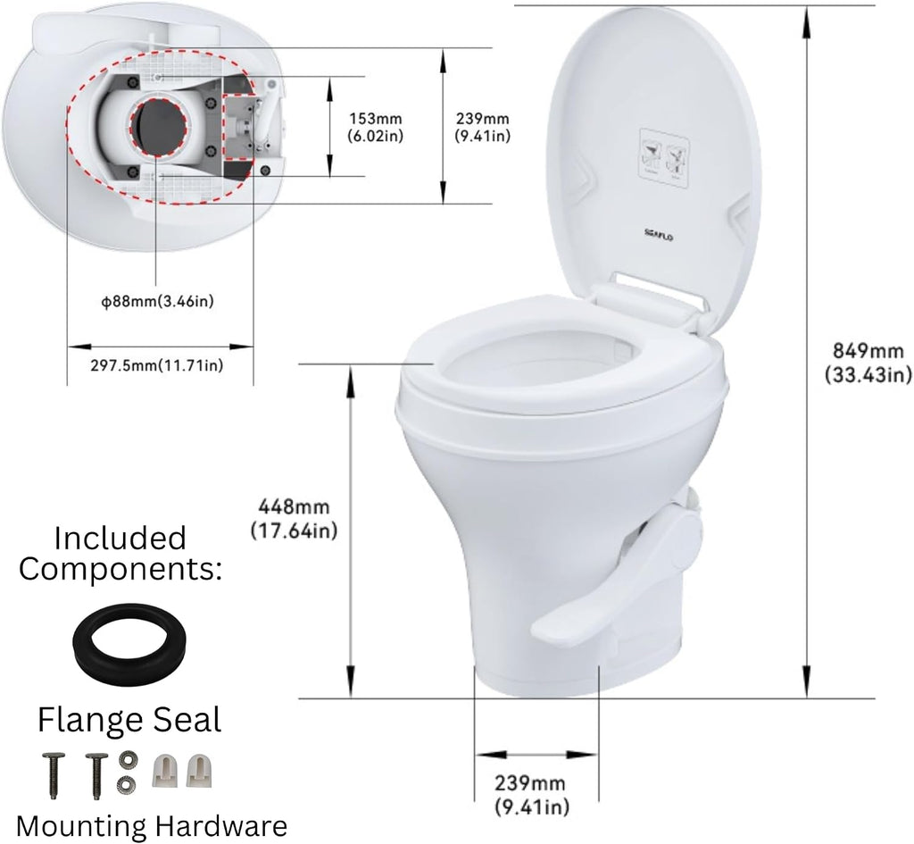 SEAFLO RV Toilet, Residential Height 18.4', Gravity Flush Foot Pedal, Soft Close Seat, Camper Toilet for RV Motorhome Travel Trailer, White, SFRTPH-01-01, 4-Year Warranty