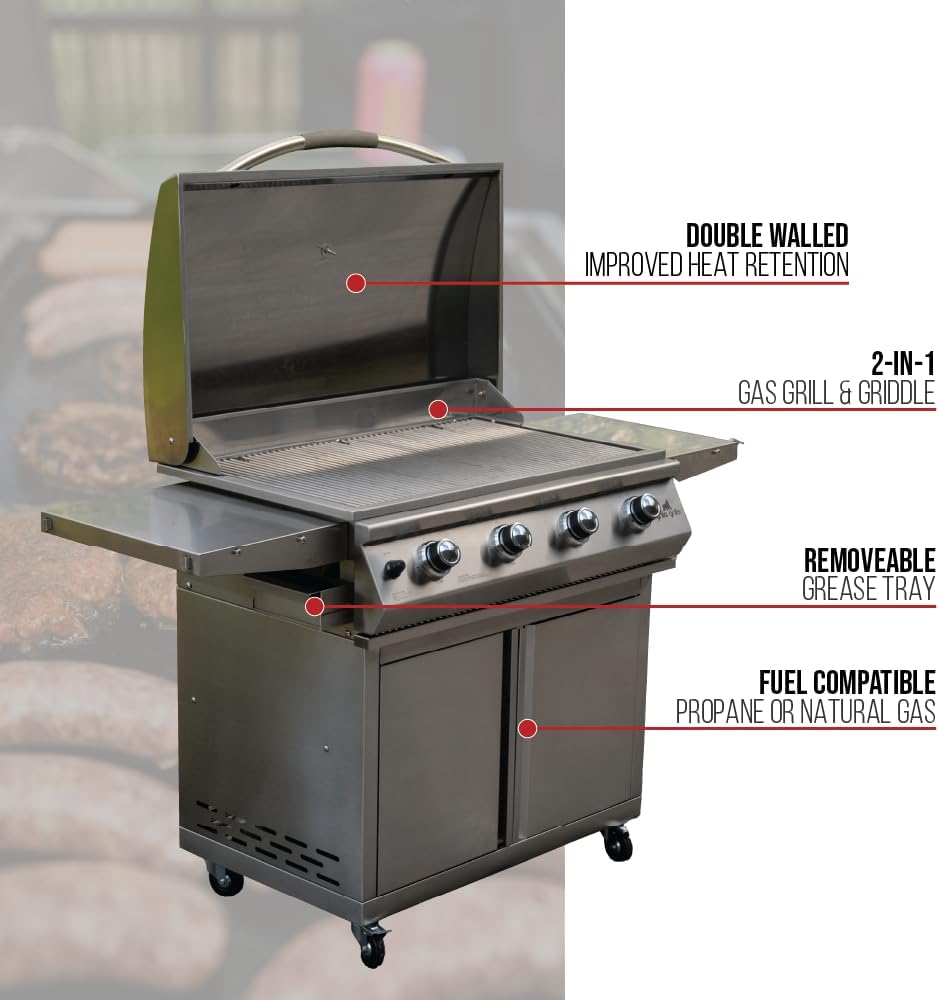 GRILLA Primate Gas Grill & Griddle with Clearview Grease Management System, Heavy-Duty Stainless Steel Design, 490 Square Inches of Cook Space, For Grilling, Outdoor Cooking, and Griddle