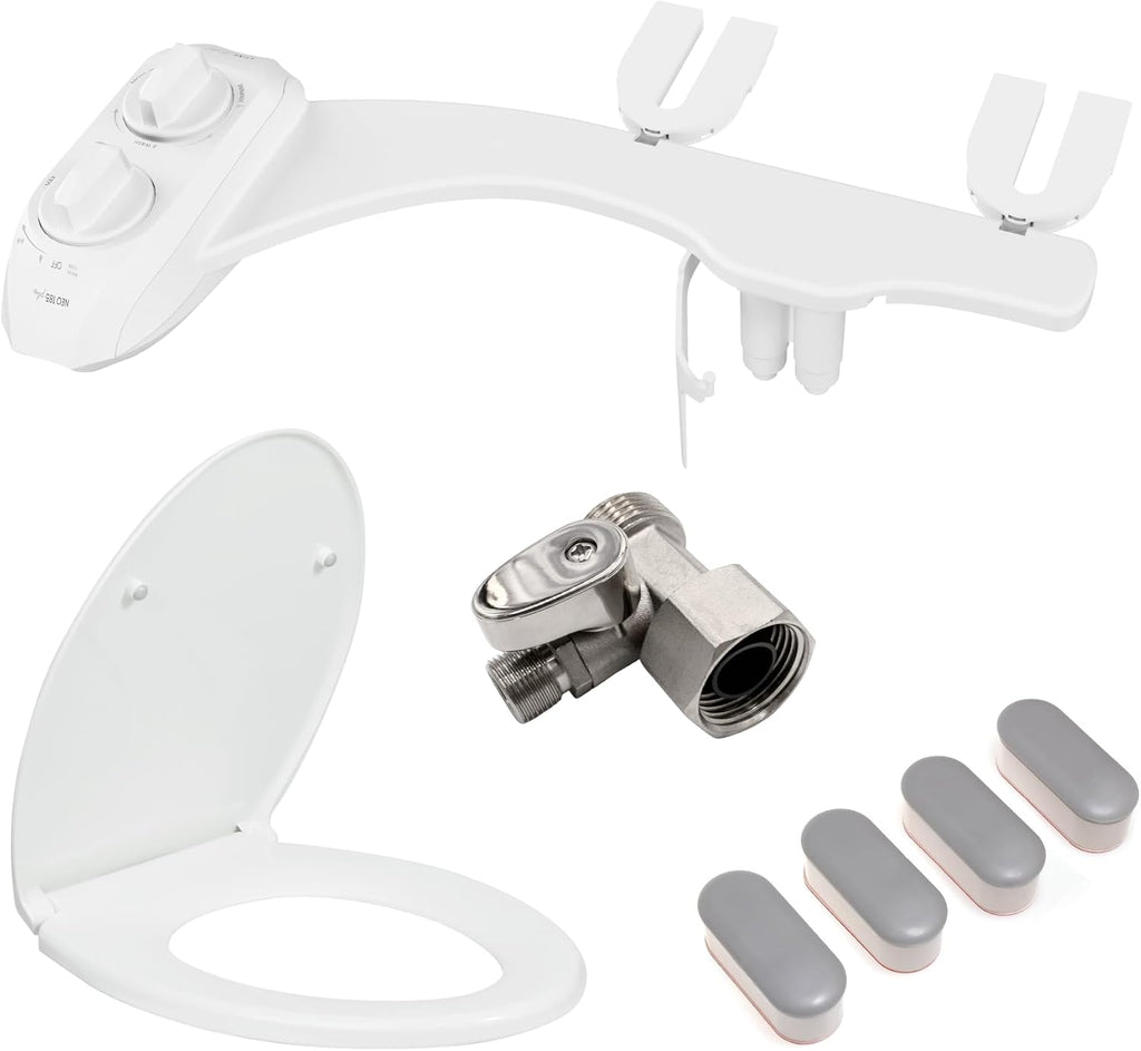LUXE Bidet NEO 185 Plus White Ultimate Upgrade Bundle - Bidet Attachment for Toilet Seat with Innovative Hinges to Clean, Slide-in Easy Install and Dual Nozzles, Comfort Fit Elongated Toilet Seat, Shu