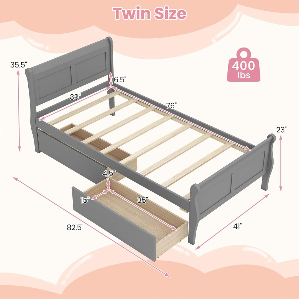 KOMFOTT 2 Twin Bed with 2 Drawers, Twin Storage Bed with Headboard for Bedroom, Sleigh Wood Bed Frame with Wooden Slats Support for Kids, Teens, Adults, No Box Spring Needed (Grey)