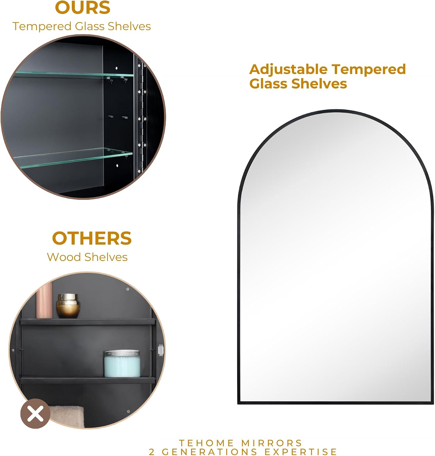 TEHOME 24 x 36'' Black Arch Bathroom Medicine Cabinet with Mirror Recessed and Surface Mounted Medicine Cabinet Mirror